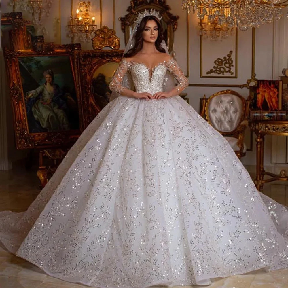 Vestido De baile, vestidos De novia reales, escote corazón, manga larga, bata De novia De encaje con lentejuelas brillantes, vestido De novia personalizado De lujo 2024
