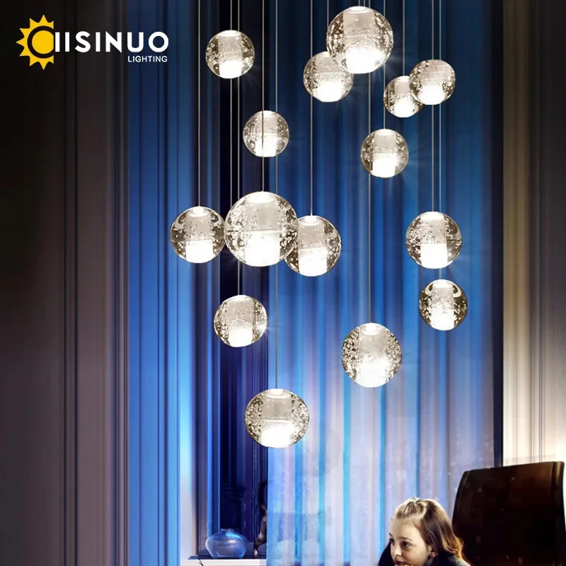 

Villa Staircase Chandeliers Raindrop Pendant Lights Long Hanging Cables Crystal Ball Fixture Light for Living Room Hotel Hallway