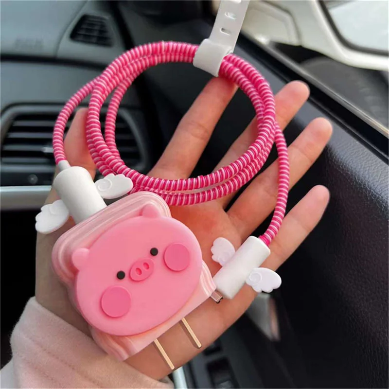 Cartoon Cute Pink Pig Silicone Charger Case For IPhone 15 14 13 18W-20W Fast Charge Protection Cover Charger Sleeve Accessories