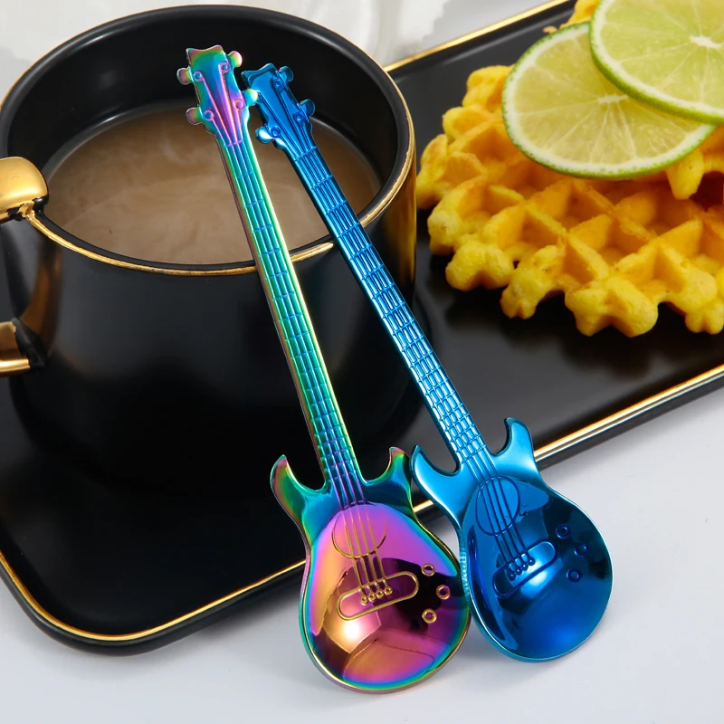 Coffee Spoon Stainless Steel Dessert Spoon Ice Cream Cutlery Gold  Polishing Guitar Handle Mixing Creative Teaspoon Tableware