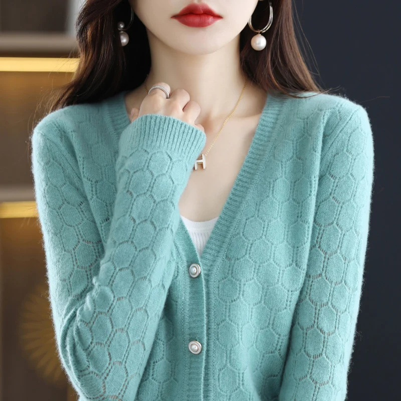 2023 Spring New Women\'s Cardigan 100% Pure Wool Knitted Sweater V-Neck Hollow Out Shirt Female Solid Color Casual Jacket