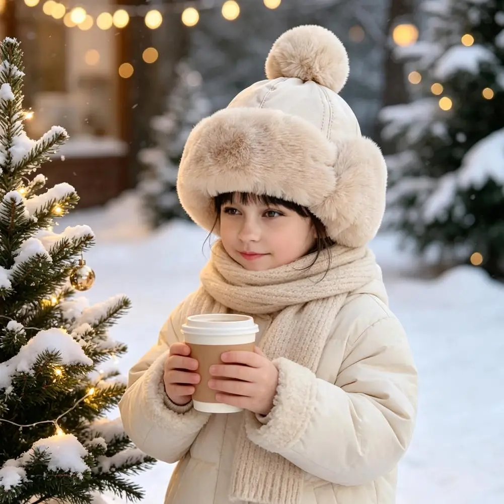 Thermal Ear Flap Hat Kids Winter Ear-flap Hat with Pom Pom Warm Trapper Hat for Boys Girls Windproof Ushanka Weather for Kids