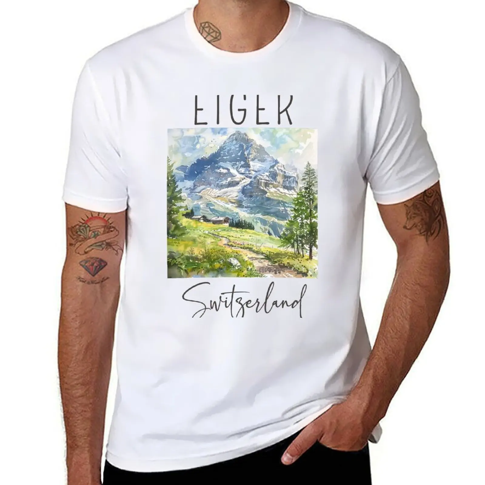 

Watercolor Design of Eiger - Switzerland T-Shirt t shirt personalised men t shirt cotton 100% T-shirt