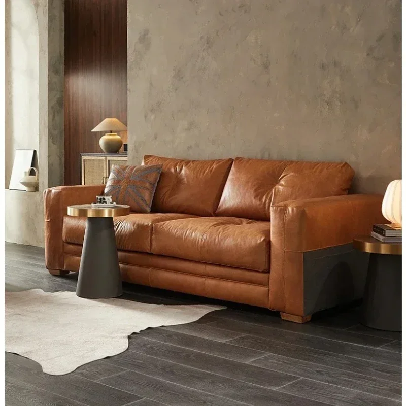 X Retro oil wax leather full leather sofa living room designer three-person sofa