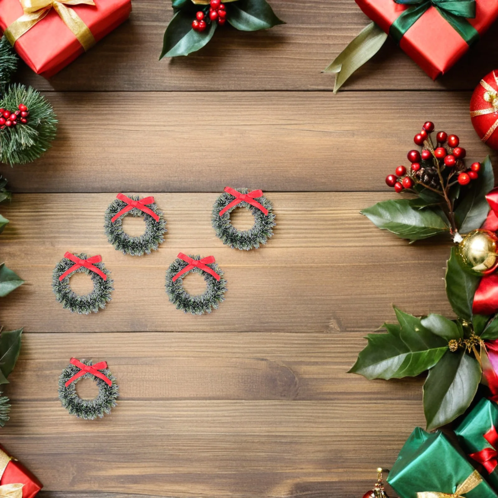 

24Pcs Mini Christmas Wreath Small Simulation Garland with Bow for Cabinet Door Frame Tabletop Holiday Decor Craft Ornament