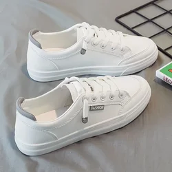 Chaussures de course respirantes en cuir PU blanc pour femmes, baskets de plein air à lacets, baskets décontractées, mode, été, automne