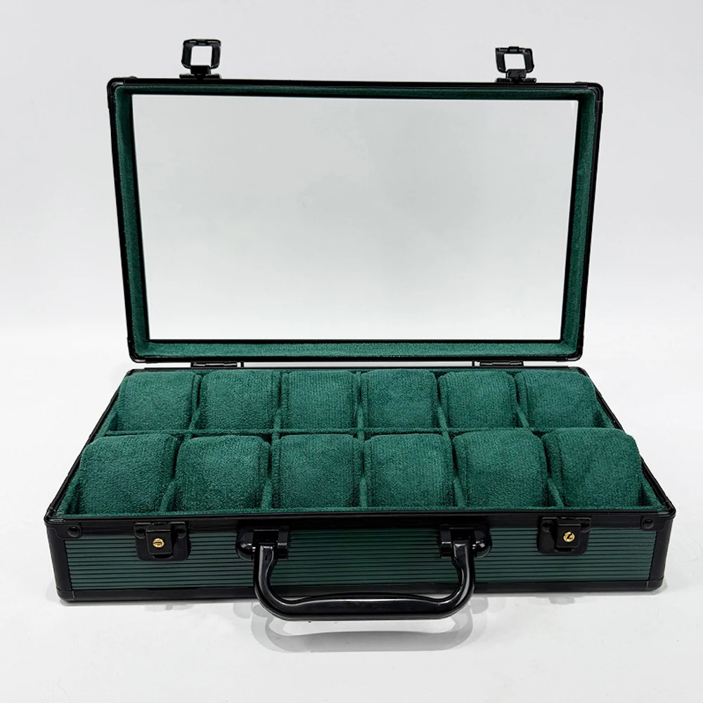 6-12-15-slots-large-tray-green-aluminum-watch-box-for-men-transparent-display-travel-storage-holder-premium-luxury-gift-case