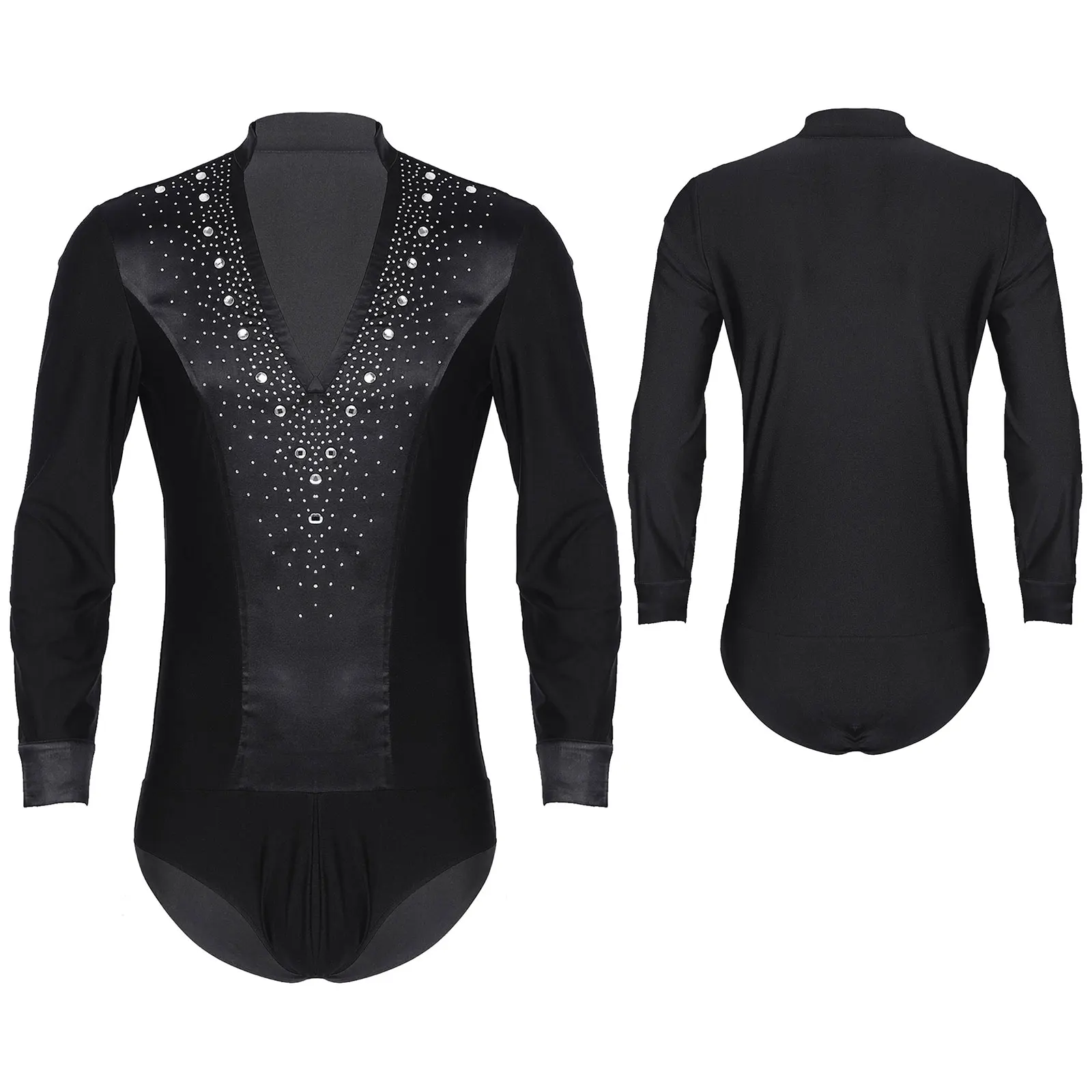 Mens Shiny Rhinestone Latin Dance Leotard V-Neck Shirt Tops for Tango Rumba Chacha Ballroom Competition Bodysuit Costume