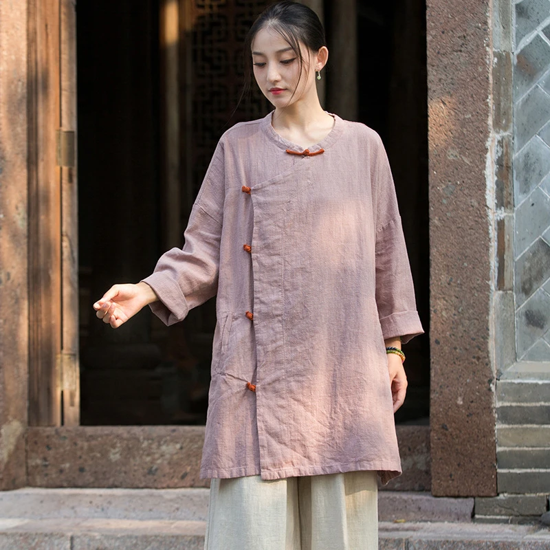 النمط الصيني المرأة القطن الكتان معاطف جديد وصول 2025 الخريف Vintage س الرقبة عادي اللون فضفاض الإناث سترات رجالي M1988