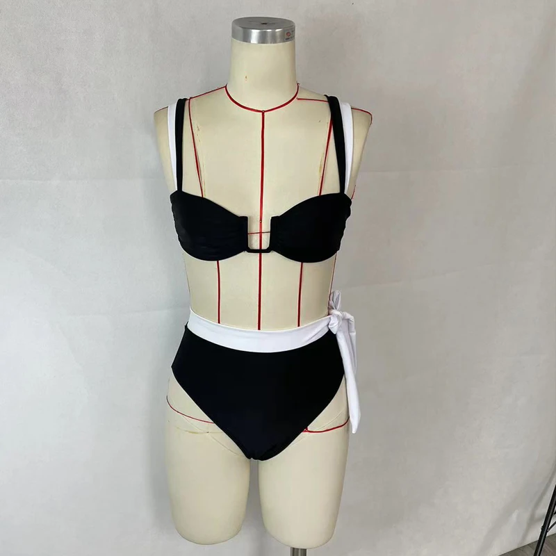 BEACHCICI Bikinis Sets Sexy Swimsuit Summer Contrasting Color Belt Suspender Lace Up Slim With Push Up High Waist Beachwear