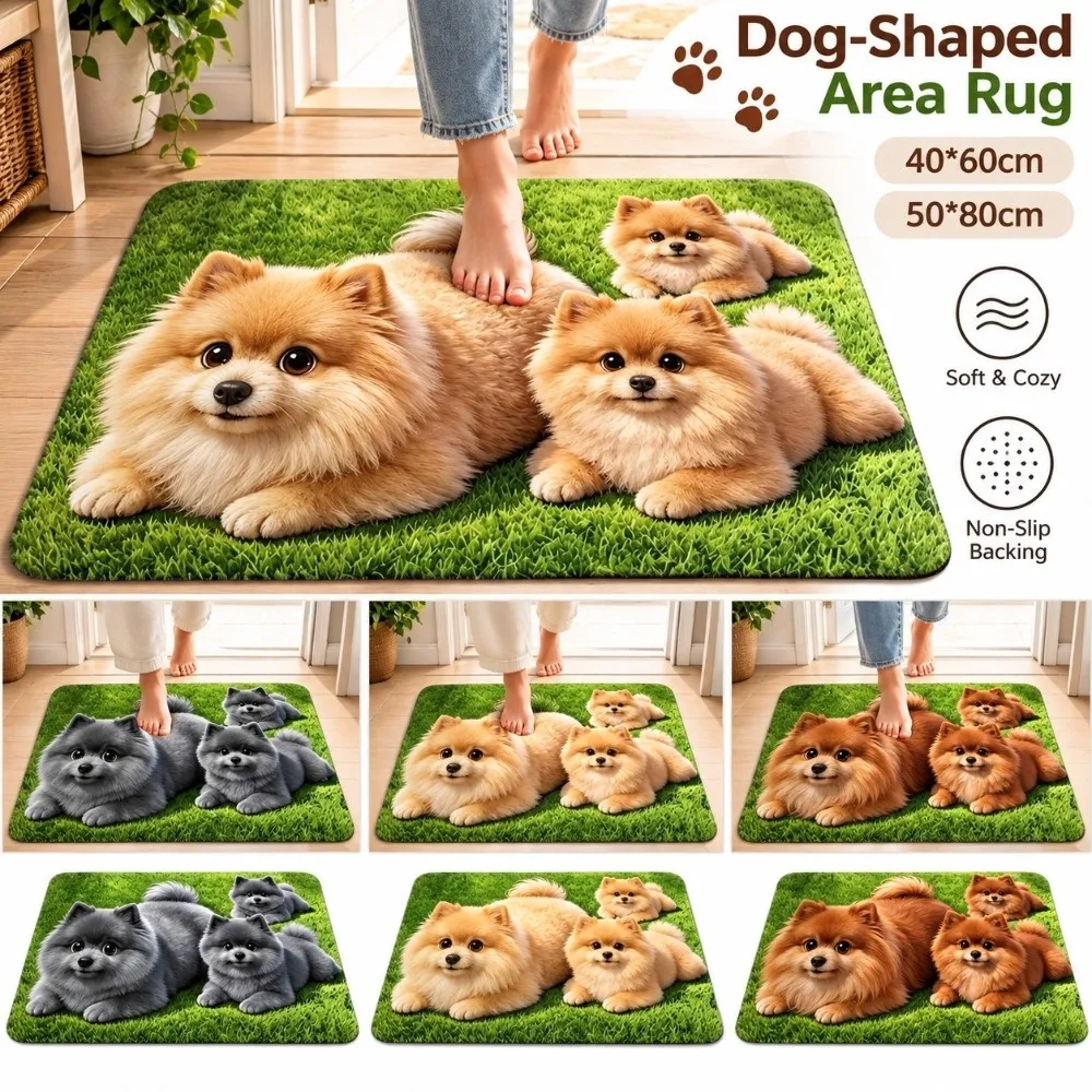3D Printed Dog-Shaped Area Rug Pet Themed Non-Slip Pomeranian Dog Mat Soft Surface Abrasion-resistant Bathroom Floor Mat