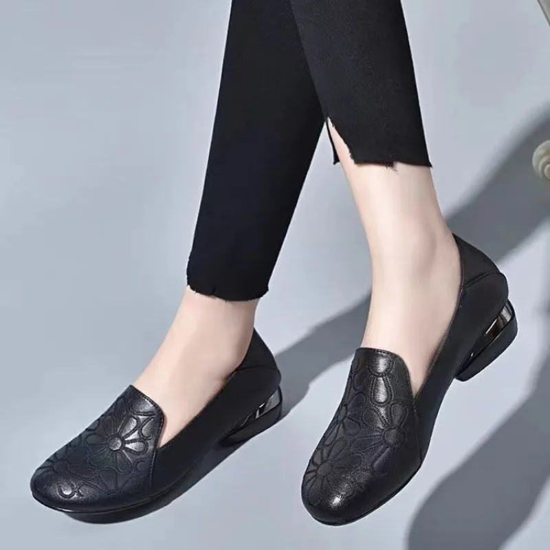 New 2024 Mid Heel Casual Women Heels Wedding Hollow Out Black Square Heel Formal Shoes Work Lady Fall Zapatilla Mujer Size 41