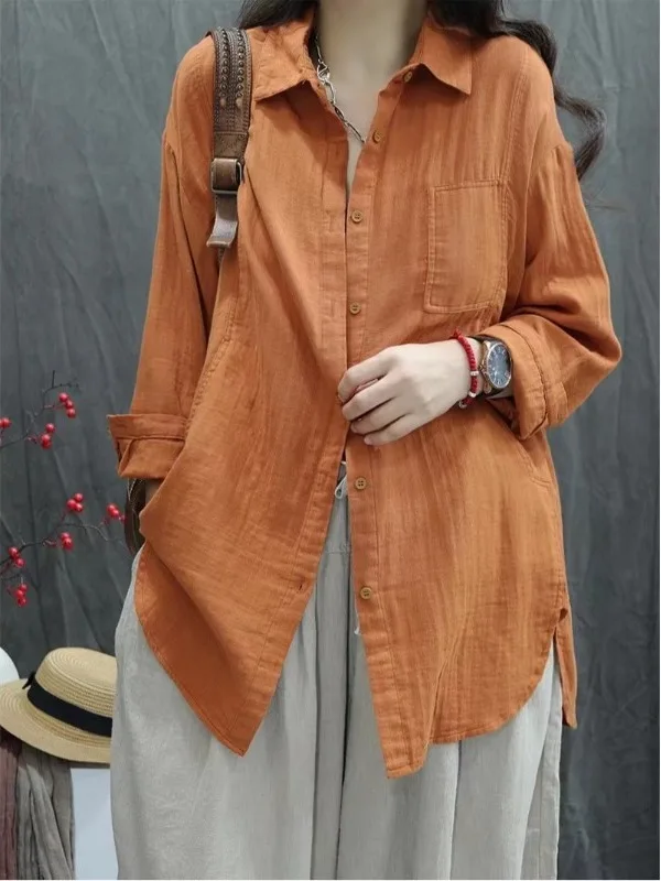 Women's Cotton Linen irt Spring Autumn Thin Outerwear Long Sve Faionable Large Size Mid-Length Top Button-Up  Collar