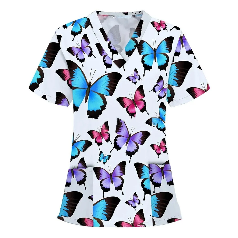 Medical Clothes Elegant Butterfly Print V-Neck Surgical Uniform Woman Short Sleeve Color Patch Pocket Top Clinical Uniform Woman
