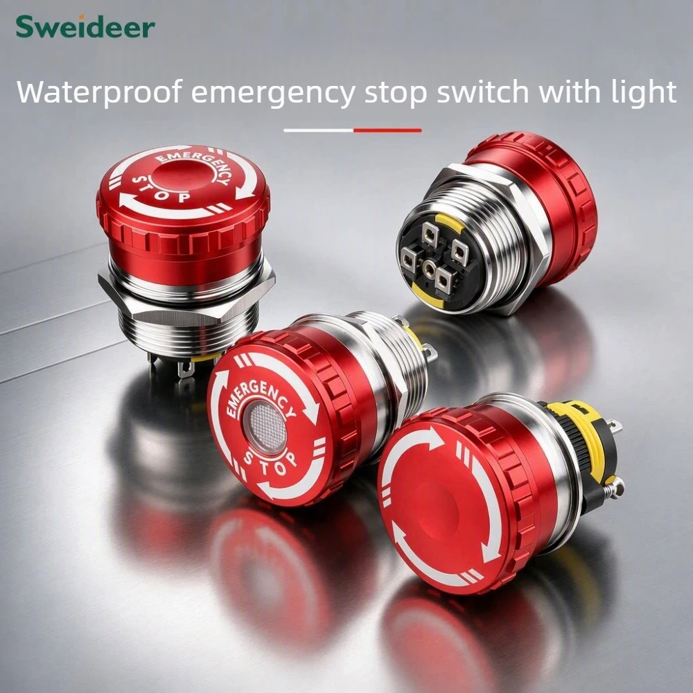 Suowei 16 19 22 Stainless Steel with Light Metal Emergency Stop Mushroom Head Waterproof Metal Material Emergency Stop Switch
