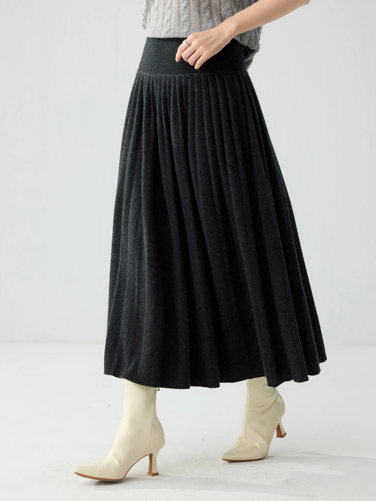 TLOML Luxury Women 100% Cashmere High-waisted heavy-duty Pleated long Skirt Autumn Winter Cashmere Knitwear Warm Thicken Skirt