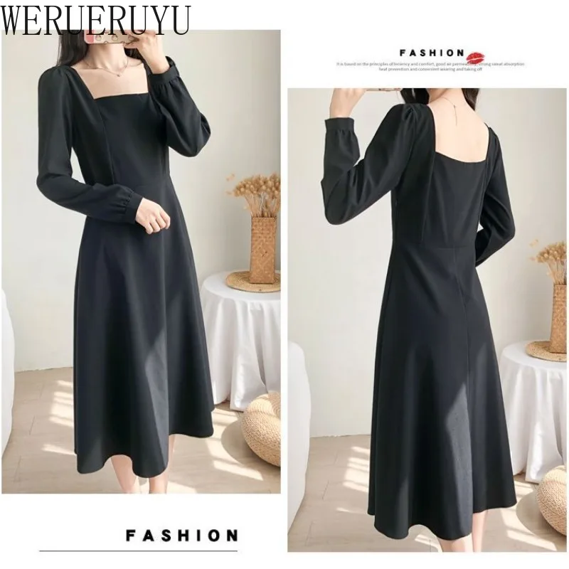 New Elegant Evening Long Dress Woman Clothing Autumn Winter Casual Square Collar Long Sleeve A-line Party Dresses for Women 2024