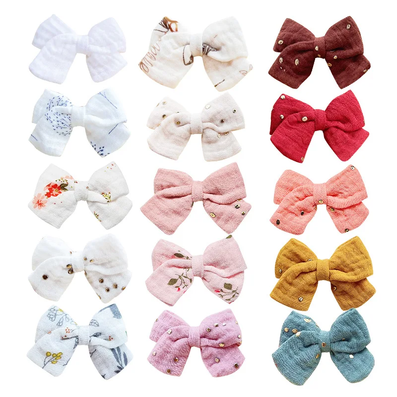 Baby Girls 15 Color Pure Cotton Gauze Hair Clip Children's Solid Color Printed Edge Clip Full Bag Clips Handmade Bow Headwear