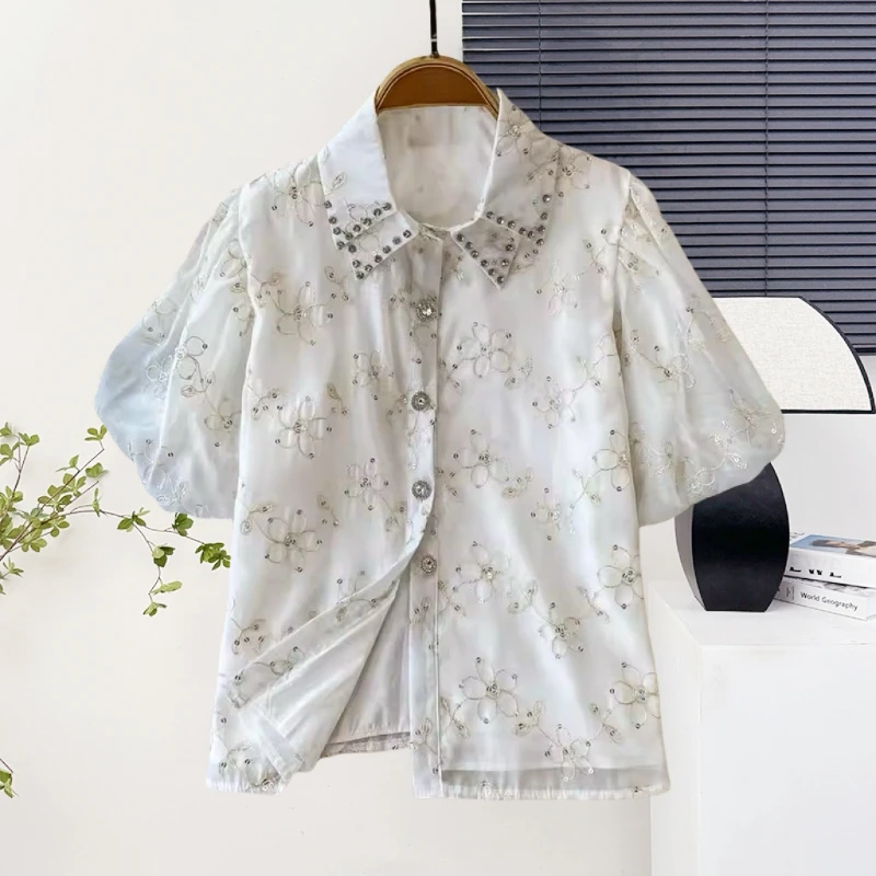 

2025,New,European,Clothes,Loose,Blouse,Fashion,Sexy,Polo collar,Button,Shiny,Diamonds,Single-breasted,Women,Puff Sleeve,Tops,520