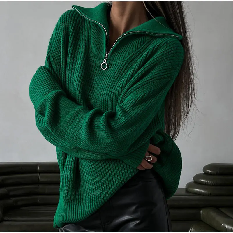 Muslim Women Casual Knitting Sweater Pullover Top Zipper Solid Turndown Collar Knit Jumper 2024 Autumn Winter Knitwear Sweaters