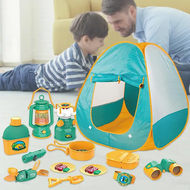 Ensemble de jouets de camping pour enfants avec tente, comprend une tente de jeu, équipement de camping, outils d'aventure, 21 pièces