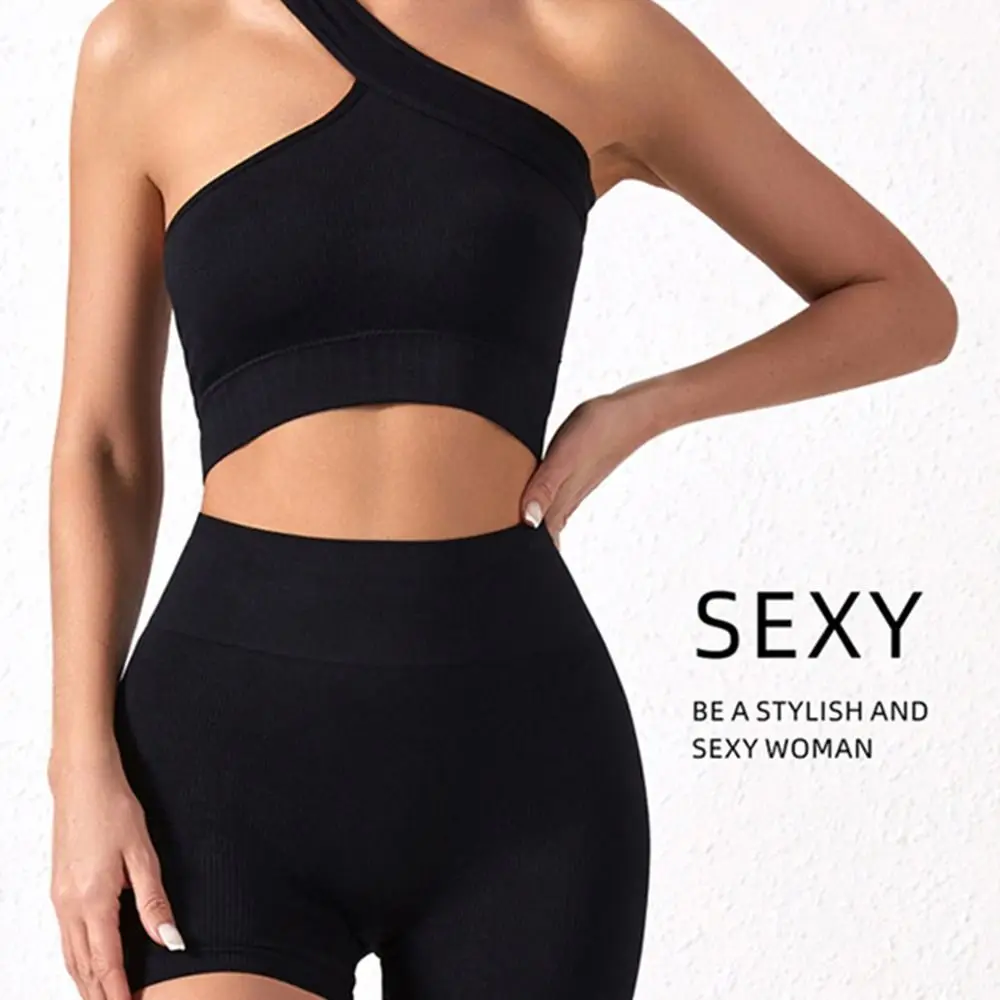 2Pcs Reusable Seamless Women Workout Sets High Waist One Shoulder Active Wear Ribbed Tank Tops Yoga Outfits Fitness