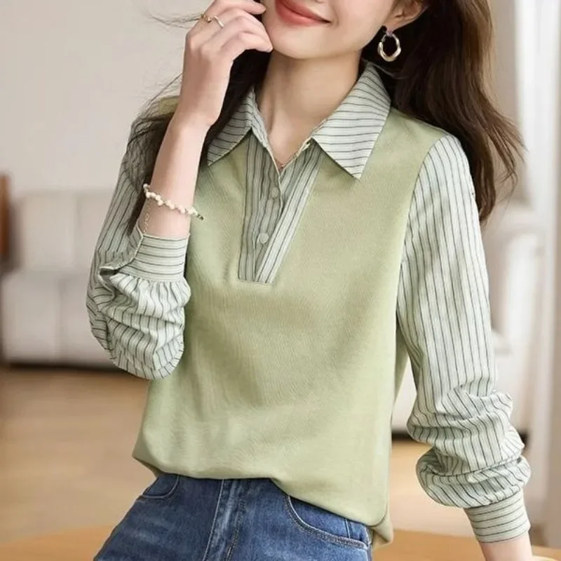 Women\'s Pullover Patchwork Stripe Fake Two Piece Shirt Set Spring and Autumn Women\'s Fashion Polo Neck Long Sleeve Casual Tops