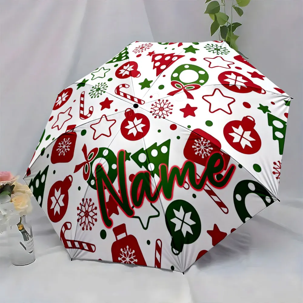 Custom Name Festive Umbrella with Christmas-Themed Pattern Design Print 8 Iron Ribs Folding Umbrella Auto-Open Fashion Sunshade