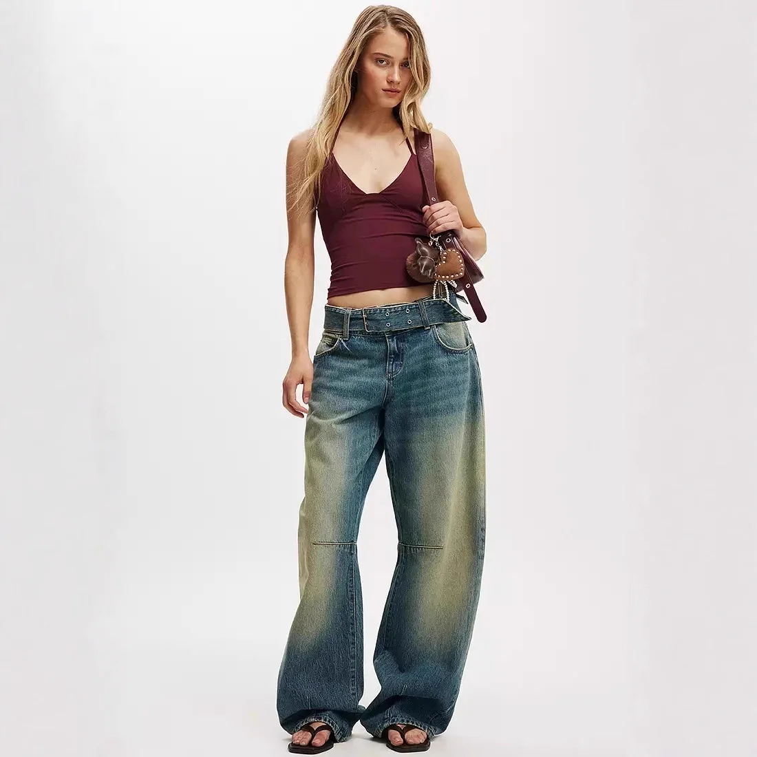 Amerikanischer Retro-Steingewaschene Arbeitskleidungsjeans mit weitem Bein, 2025, Frühjahr, neues Design, High-Street-Sexy-Mädchenhose mit geradem Bein