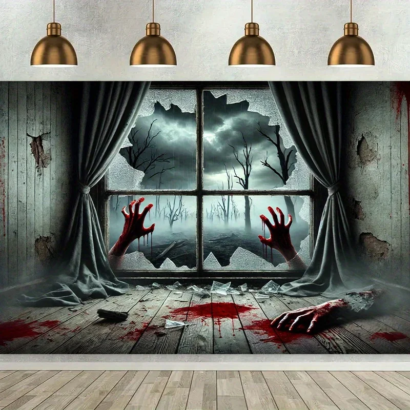 The ghostly, blood-stained hand breaks through the window background, measuring 243.84 x 182.88 centimeters - living roomDJH