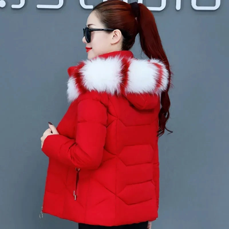 Winter Cotton Padded Clothes Women Warm Plush Short Cotton Coats Faux Fur Collar Hooded Cotton-padded Female Overcoat Jacket