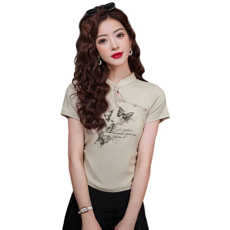Sommerliches T-Shirt für Damen, Modisches Slim-Fit-Oberteil im Chinesischen Stil, Trendiges Damen-Oberteil mit Stehkragen und Textmuster