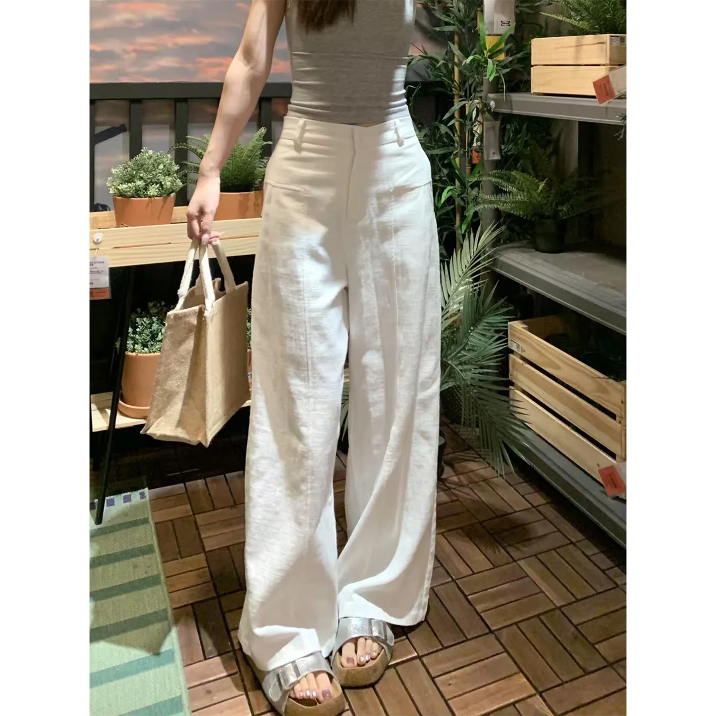 

White Linen Wide-leg Pants Women's Spring and Autumn High-waisted Straight Cotton and Linen Suit Casual Pants