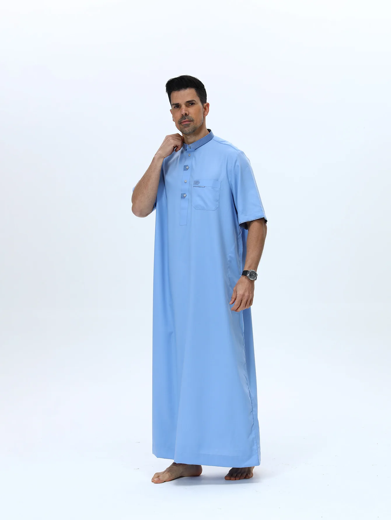 Short Sleeve Men Abaya Jubba Thobe Kaftan Muslim Stand-Up Collar Saudi Arabian Dishdasha Islam Clothing Traditional Prayer Robe