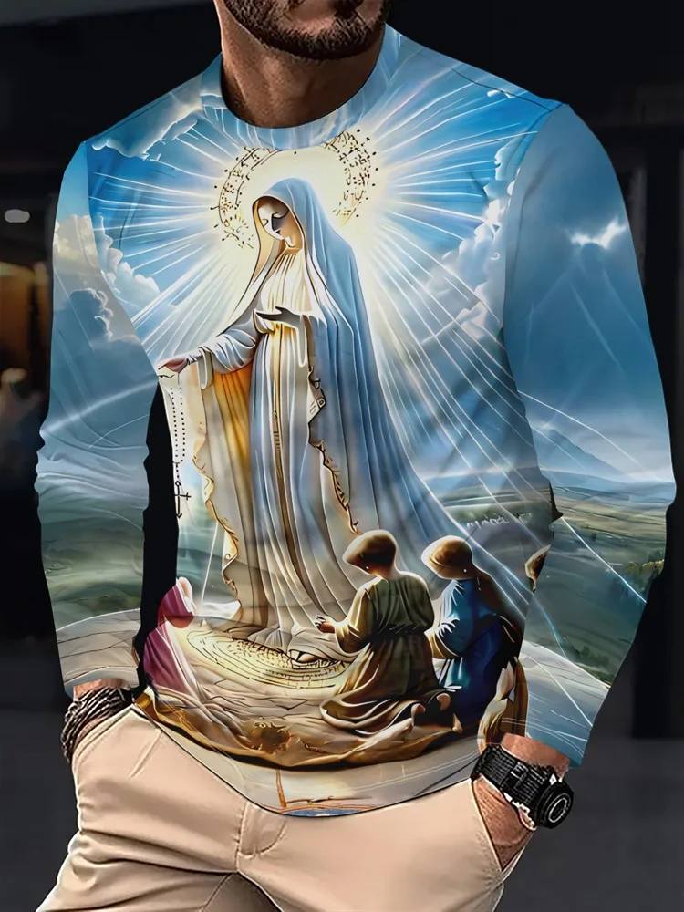 Men's Our Lady of Fatima Long Sleeve T-Shirt Catholic Virgin Mary Rosary Three Shepherds Graphic Tee Pullover Tops Gift New