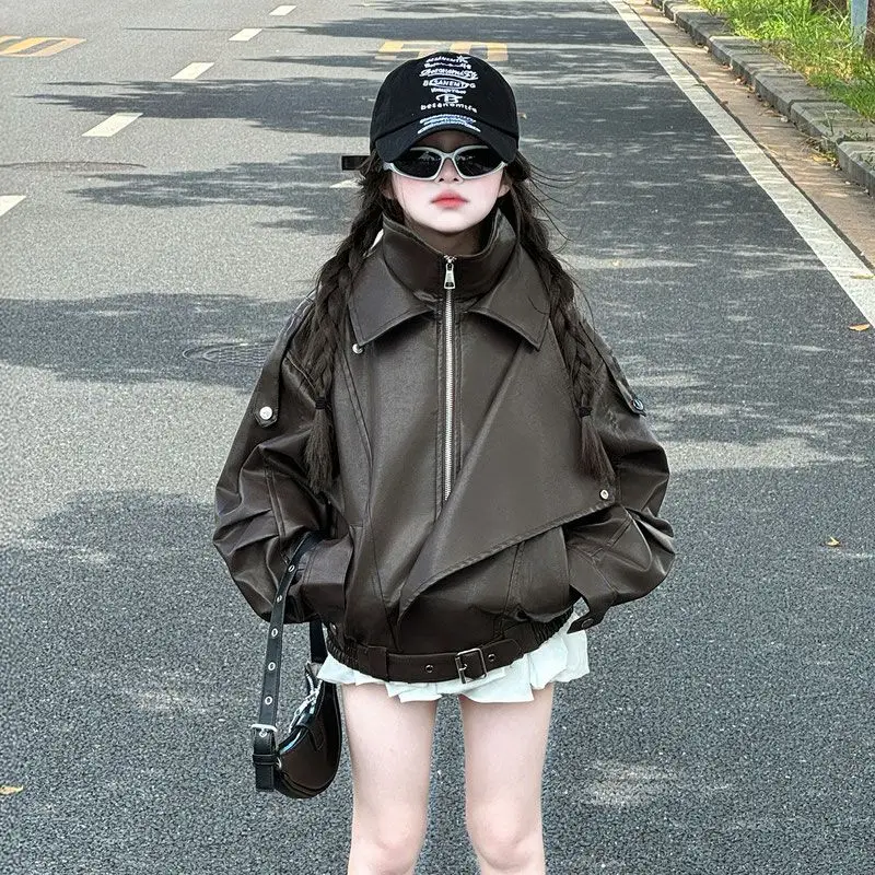 Girls Vintage Brown Leather Jacket, Kids Oversized Moto Biker Coat,fashion Casual Streetwear Pu Leather Outerwear for Girls