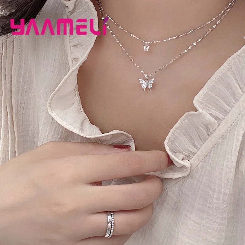 Exquisite 925 Sterling Silver Double Layer Butterfly Cubic Zircon Crystal Choker Neckalces for Women Wedding Party Jewelry Gifts