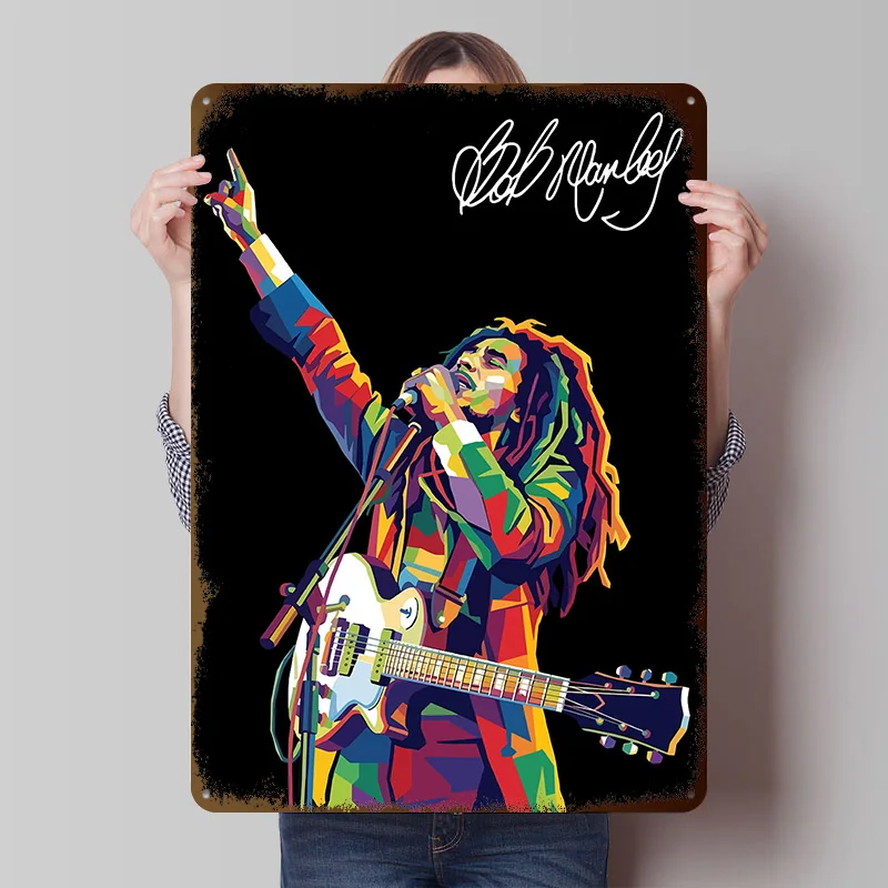 Bob Marley mit Gitarre Auftritt - Metallposter, Individuelle Wandkunst, Retro Vintage Metallschilder für Männerhöhle, Maßgefertigtes Schild für Haus und Zuhause