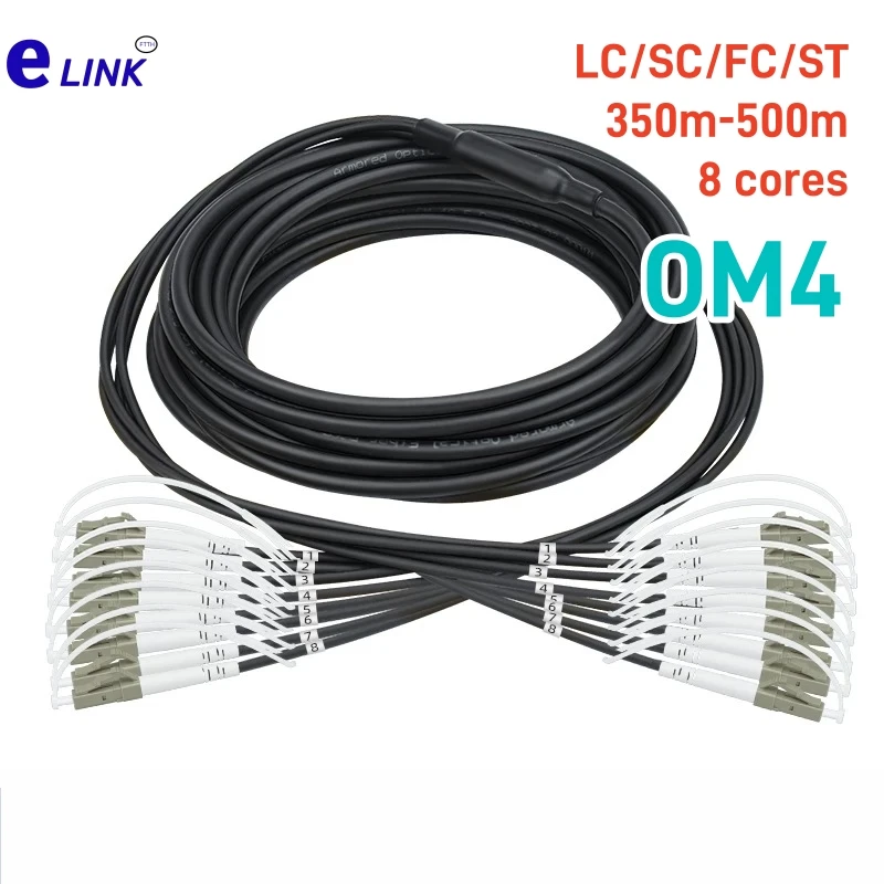

Armored fiber patch cord 8 core TPU OM4 350M-500M 8C SC LC FC ST APC Multimode 8 fibers optical jumper outdoor 400M FTTH ELINK