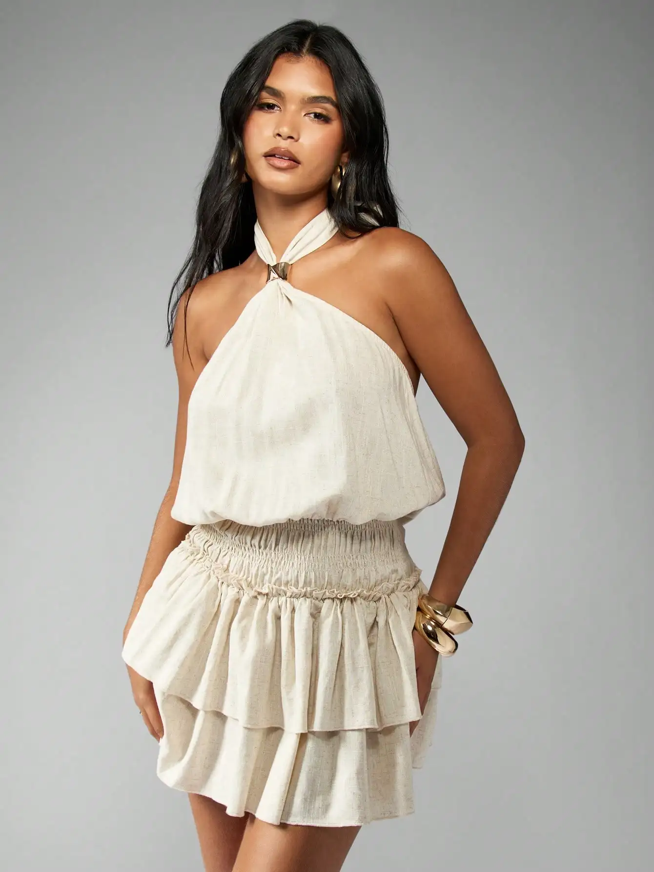 Halter Neck Ruffle Tier Mini Dress for Summer Parties and Special Occasions