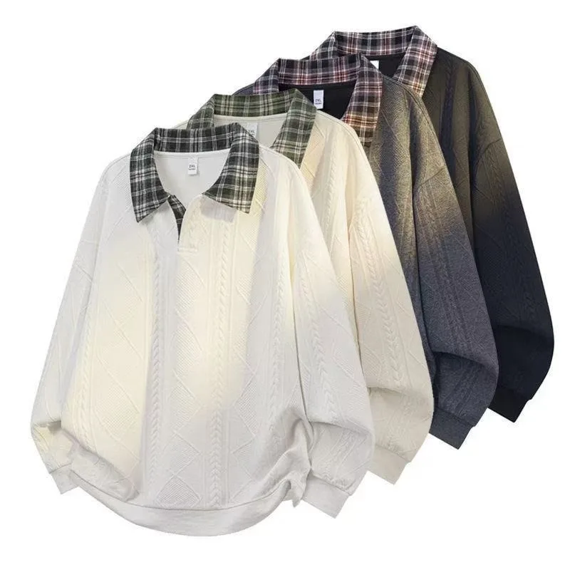 2025 ربيع الخريف قطعتين قميص طوق هوديي العصرية عادية فضفاض بسيط بلون الجاكار الرجال قميص بولو بكم طويل #2