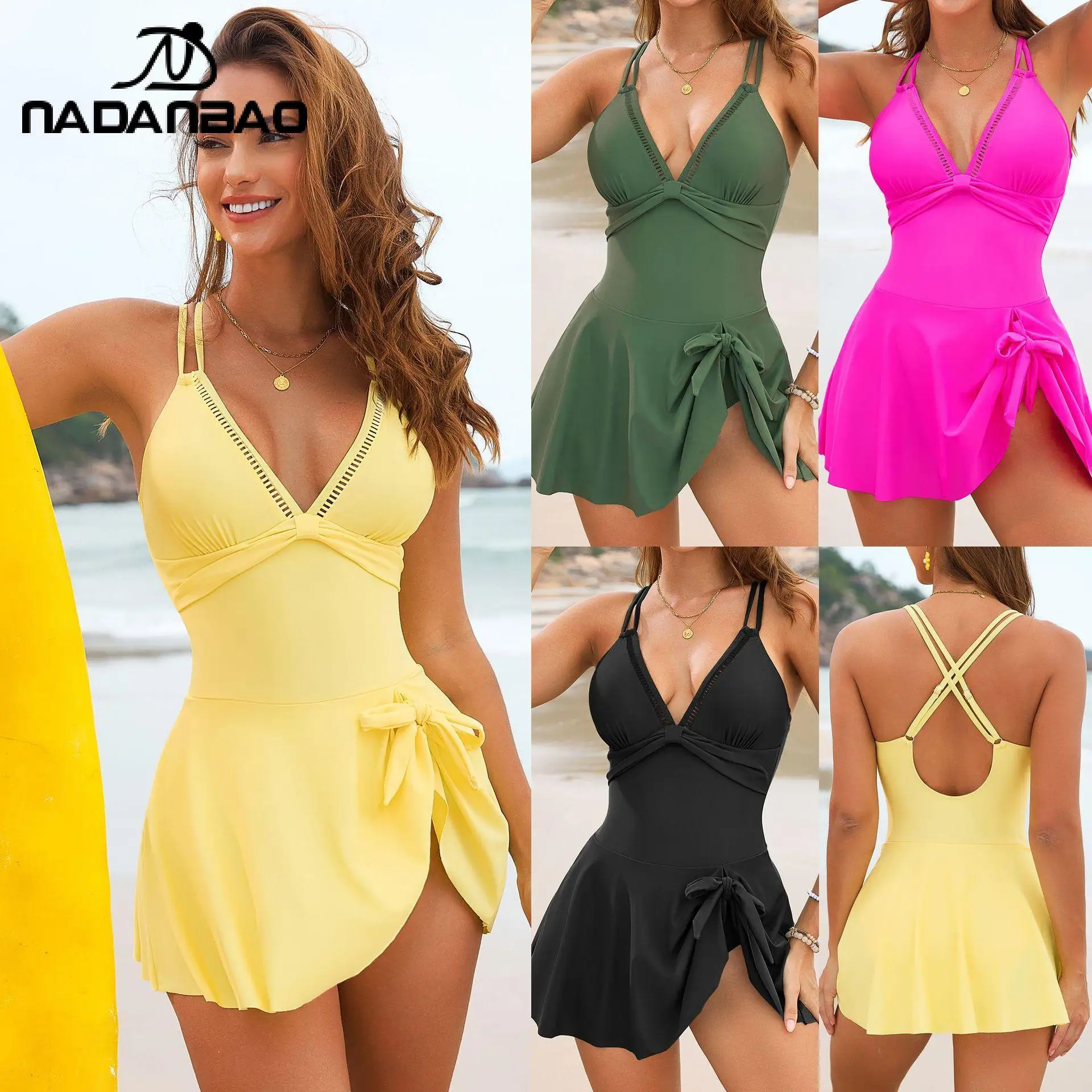 Nadanbao 4 Colors One-Piece Skirt Swimsuit Women Quick Drying Cross Back Swimwear Sexy Deep V Tight Bathing Suit Beach Clothing
