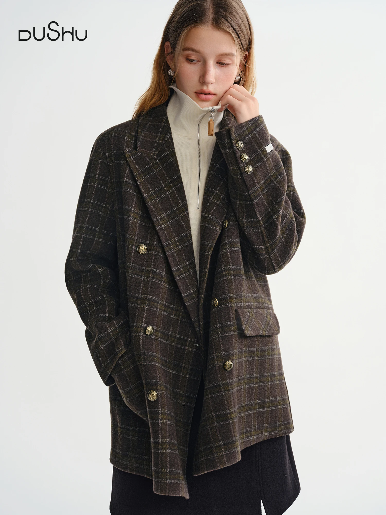 DUSHU Plaid Double-faced Camel Hair Wool Blazers Coat Winter Straight Shoulder Jacket Vintage British Style Temperament Commuter