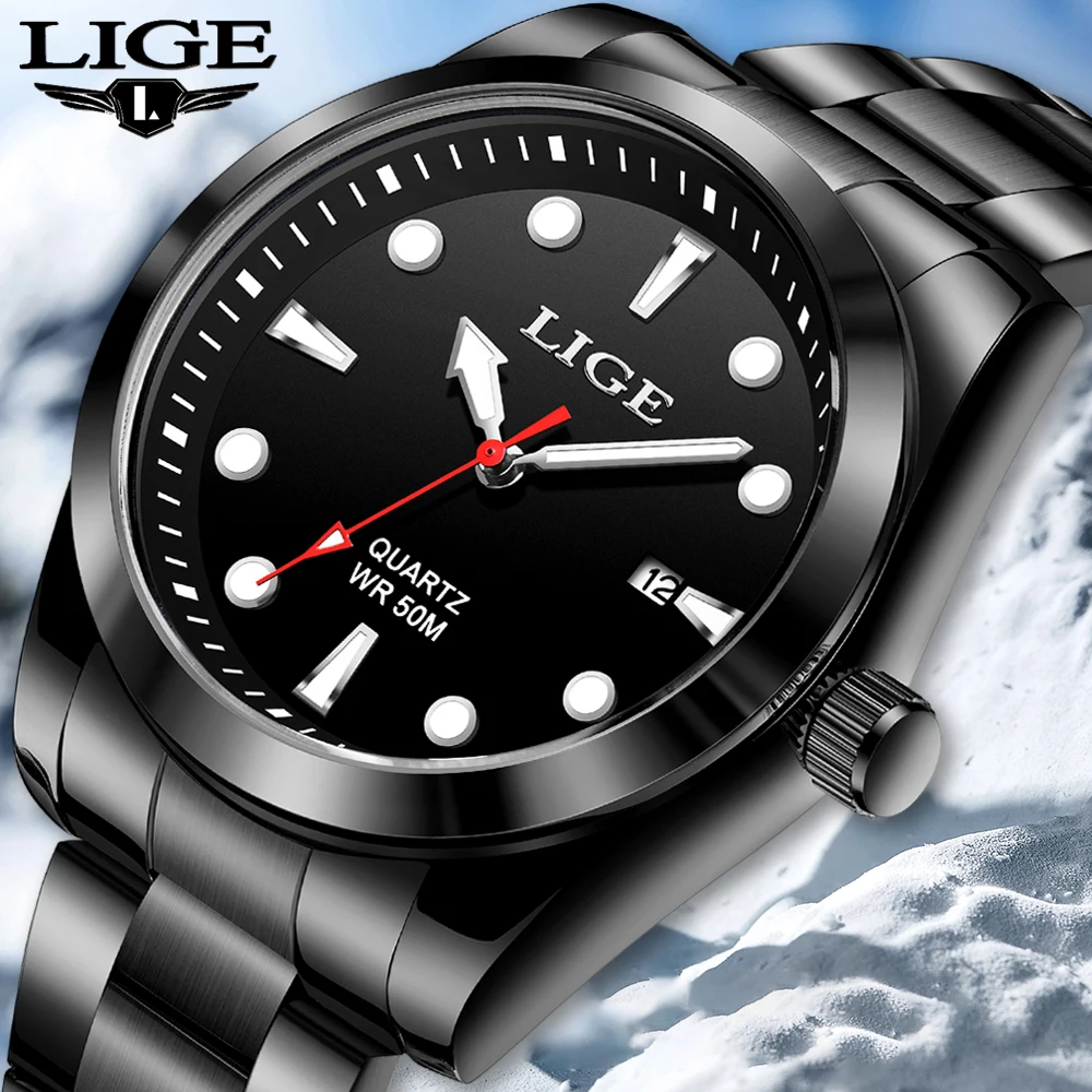 LIGE Mens Watches 5ATM Sports Waterproof Quartz Wristwatch Luminous Clock Ultra Thin Date Watch for Men Relogio Masculino+Box