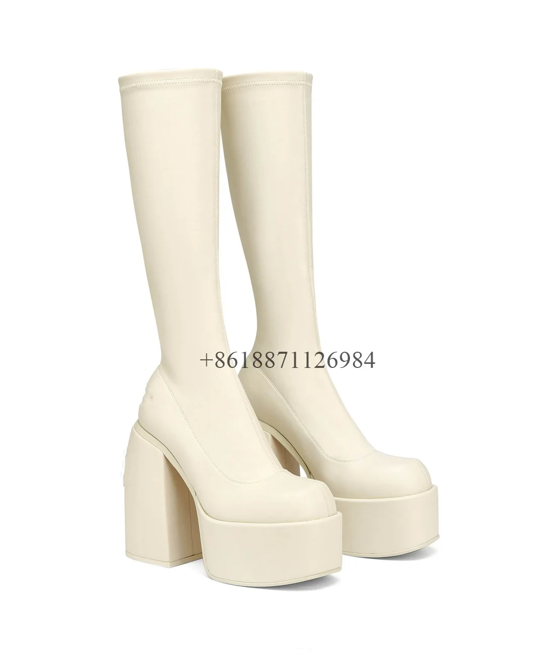 

Black And White Genuine Leather Square Toe Knee High Platform Women Boots Chunky High Heels Slip On Design Large Size Shoes