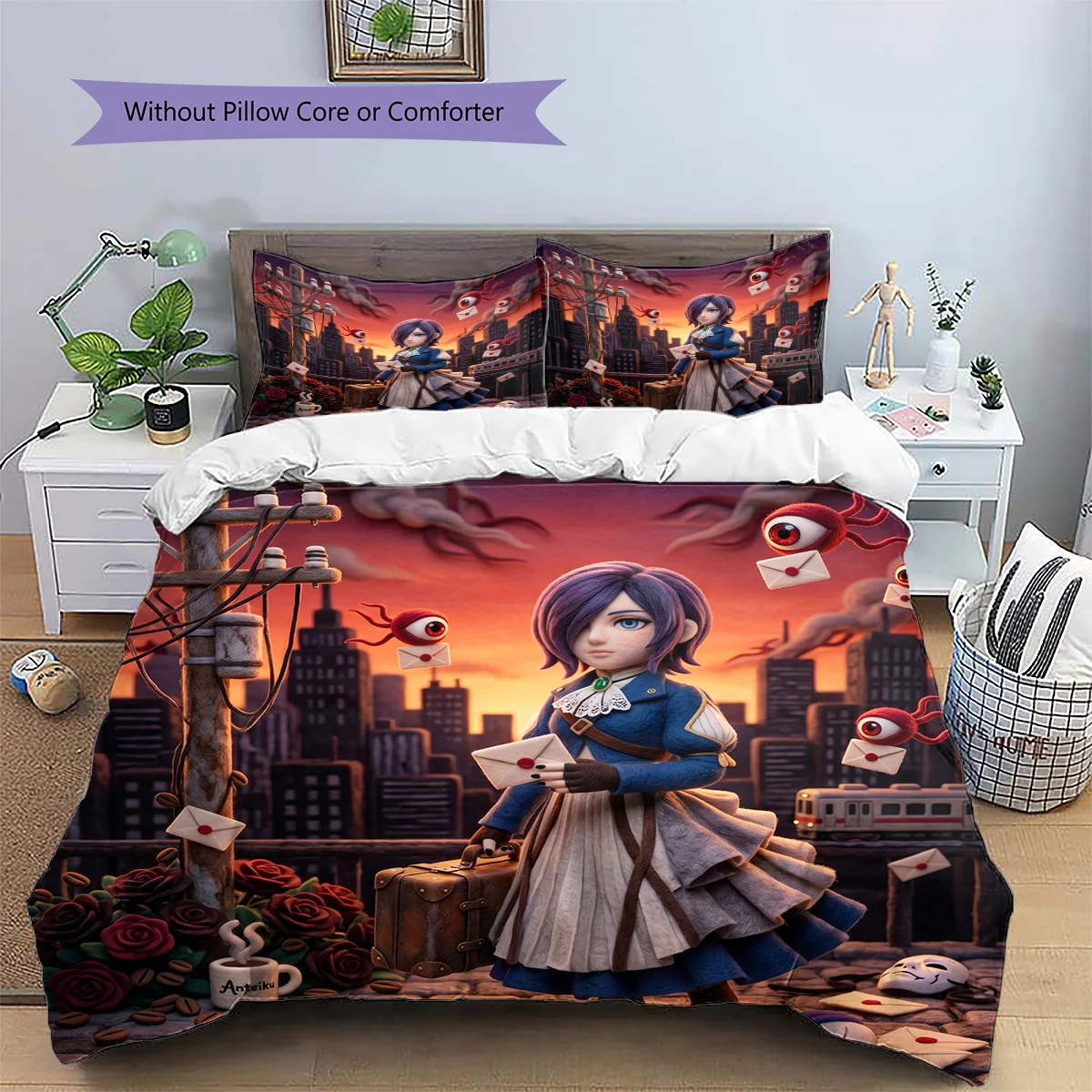 Tokyo Ghoul Patterned Pillowcase & Duvet Cover Set 3-Piece Anime Style Bedroom Bedding Decor Perfect Gift for Fans YUN6516