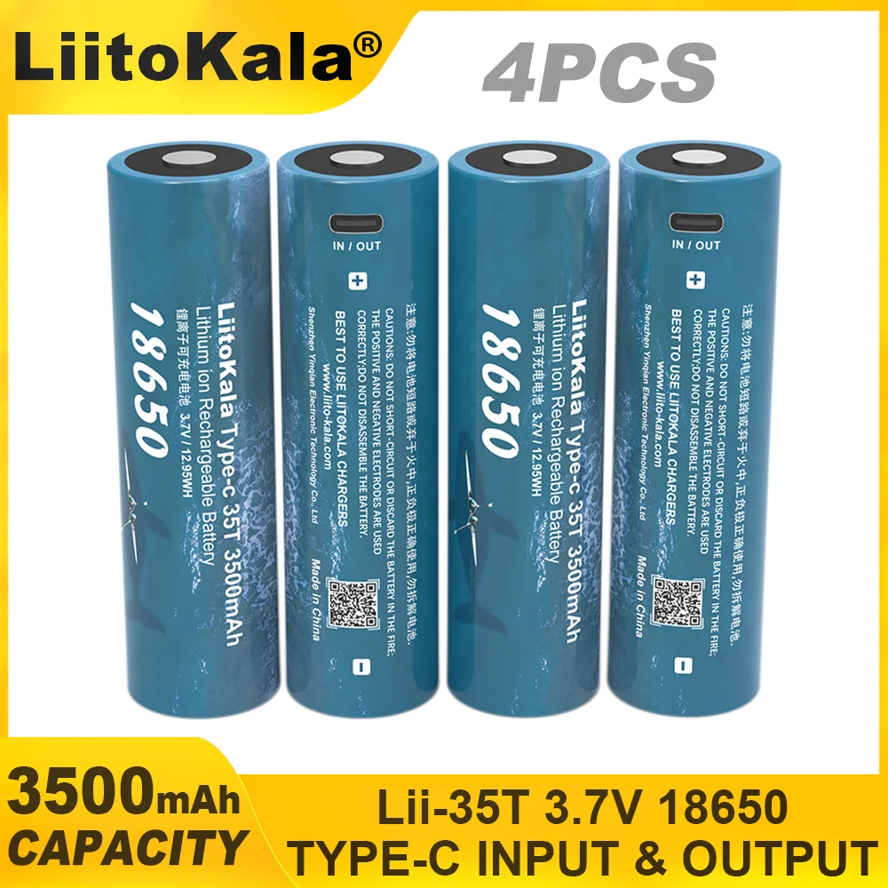 4PCS LiitoKala 35T Type-C 5V Input 3.7V 18650 3500mAh Capacity Rechargeable Lithium USB Battery for Toy Keyboar