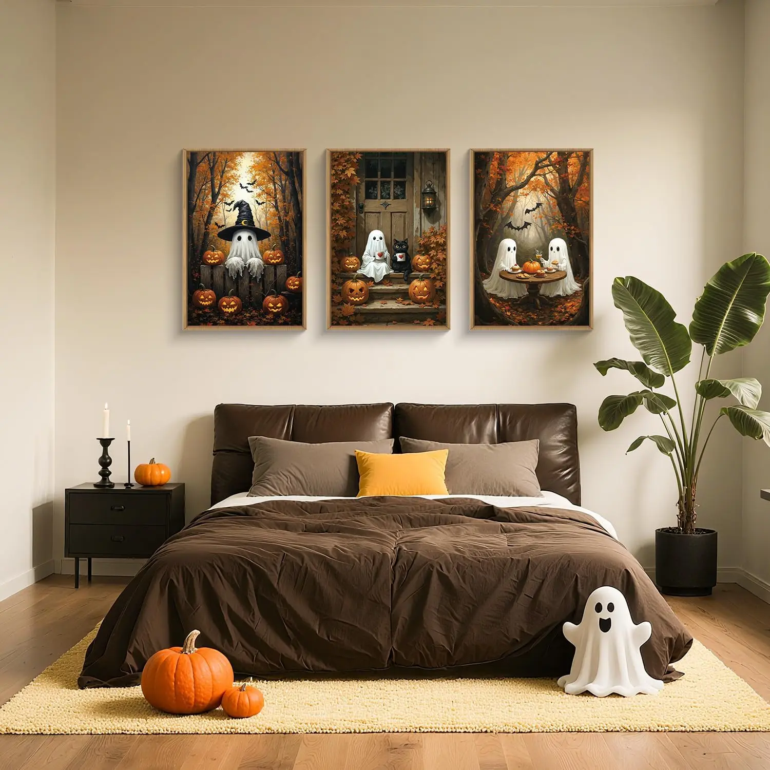 Halloween Cute Ghost Pumpkins Canvas Wall Art Set 3 Black Cat Framed Painting Artwork Vintage Witchy Hat Bats Prints Fall Maple