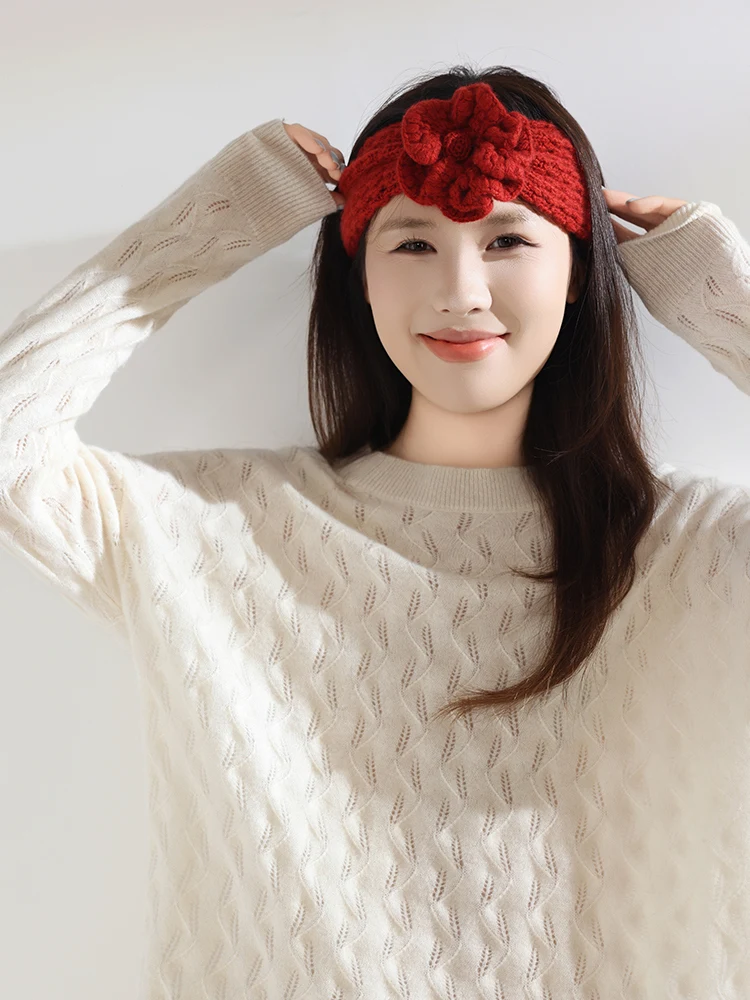 Handmade 100 Pure Cashmere Neck Warmer Headband 2-in-1 Women Crochet Flower Snood Earwarmer Soft Luxury Winter Scarf Boho Style