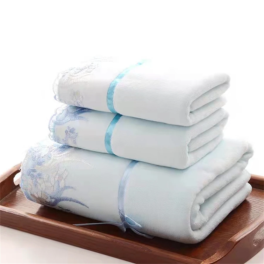 3pcs/set Quick Dry Microfiber Embroidered Towel Set Solid Color 75x35cm Face Towels + 140x70cm Bath Towel - Bathroom Essentials